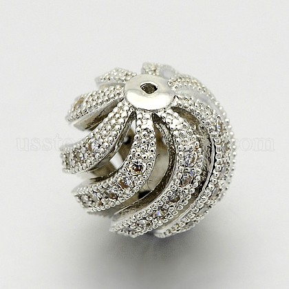 Brass Micro Pave Cubic Zirconia Hollow Round Beads US-ZIRC-M039-05P-10mm-RS-1