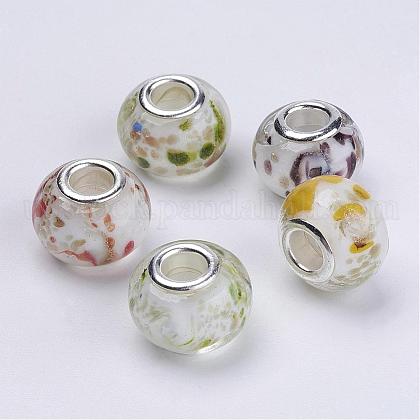 Mixed Color Handmade Rondelle Lampwork Gold Sand Large Hole European Beads with Silver Tone Brass Core US-X-PDL004J-1