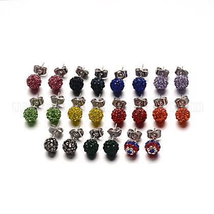 Polymer Clay Rhinestone Ball Stud Earrings US-EJEW-F0083-02-1