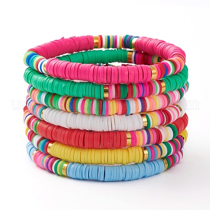 7Pcs Rainbow Polymer Clay Heishi Beads Stretch Bracelets Set US-BJEW-JB05882-1