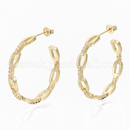 Semicircular Brass Micro Pave Clear Cubic Zirconia Cable Chain Stud Earrings US-EJEW-N015-01-1