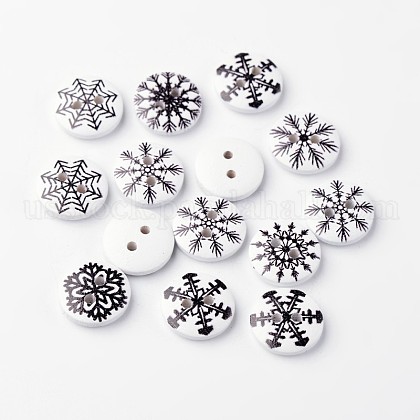 Flat Round with Snowflake 2-Hole Printed Wooden Buttons US-BUTT-M014-42-1