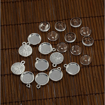 12mm Domed Transparent Glass Cabochons and Silver Alloy Pendant Cabochon Settings US-DIY-X0158-S-FF-1