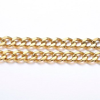 Vacuum Plating 304 Stainless Steel Cuban Link Chains, Chunky Curb Chains, Faceted, with Spool, Unwelded, Golden, 7~7.5x4.5~5x1.3~1.4mm, about 32.8 Feet(10m)/roll