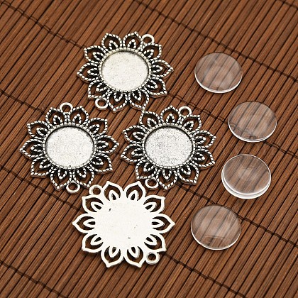 Tibetan Style Alloy Flower Connector Cabochon Bezel Settings and Flat Round Transparent Glass Cabochons US-DIY-X0204-AS-1