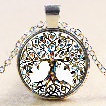 Tree Of Life Pattern Flat Round Glass Pendant Necklaces US-NJEW-N0051-048O-02-1