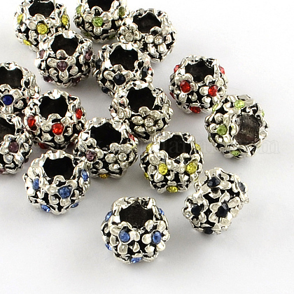 Antique Silver Plated Alloy Rhinestone Flower Large Hole European Beads US-MPDL-R041-04-1