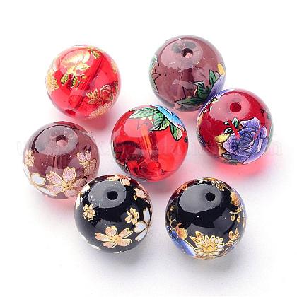 Mixed Flower Picture Printed Glass Round Beads US-GFB-R004-12mm-M20-1