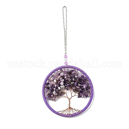 Wire Wrapped Chips Natural Amethyst Big Pendant Decorations US-HJEW-A005-03-1