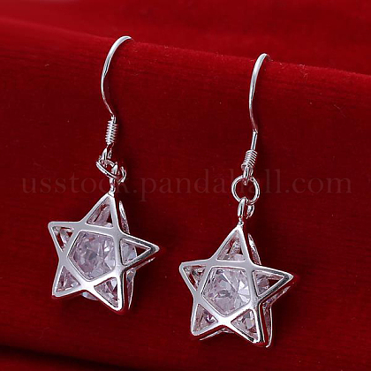 Star Brass Cubic Zirconia Dangle Earrings US-EJEW-BB11775-1