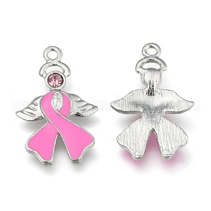 Breast Cancer Awareness Ribbon with Angel Wing Platinum Color Pearl Pink Alloy Rhinestone Enamel Pendants US-X-ENAM-D001-2-1