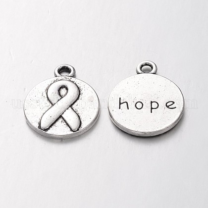 Tibetan Style Flat Round Carved Awareness Ribbon and Word Hope Double Sided Pendants US-TIBEP-12792-S-FF-1