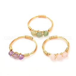 Copper Wire Wrapped Natural Gemstone Braided Bead Rings for Women US-RJEW-JR00393