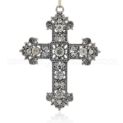 Antique Silver Plated Alloy Rhinestone Cross Pendants US-RB-J205-01AS-1