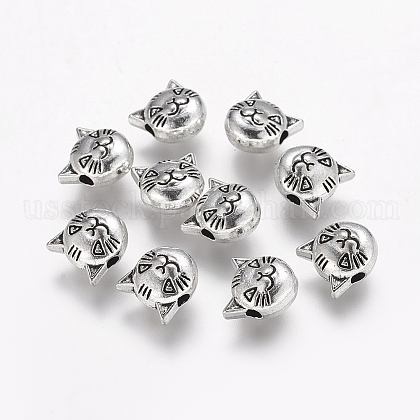 Tibetan Style Antique Silver Cat Head Alloy Beads US-X-TIBEP-GC178-AS-RS-1