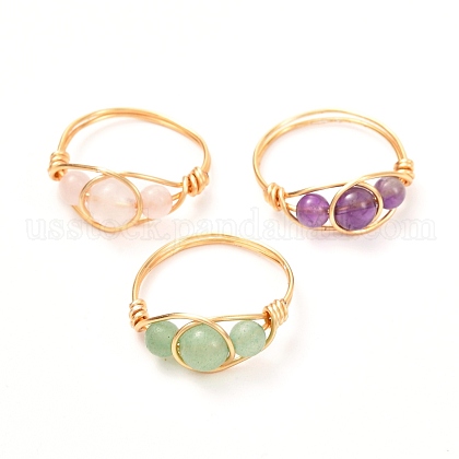 Copper Wire Wrapped Mixed Natural Gemstone Braided Bead Rings for Women US-RJEW-JR00387-1