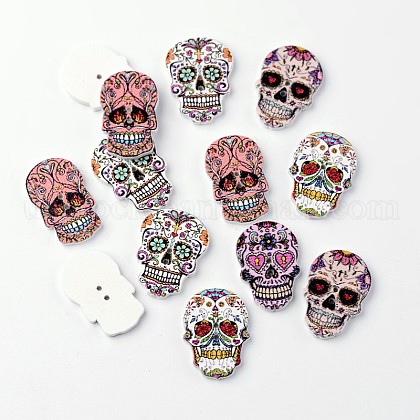 Skull 2-Hole Printed Wooden Buttons US-BUTT-M014-35-1