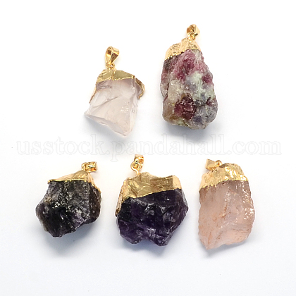 Plated Natural Crystal Pendants and Labradorite Pendants with Golden Tone Brass Findings US-G-R275-18-1