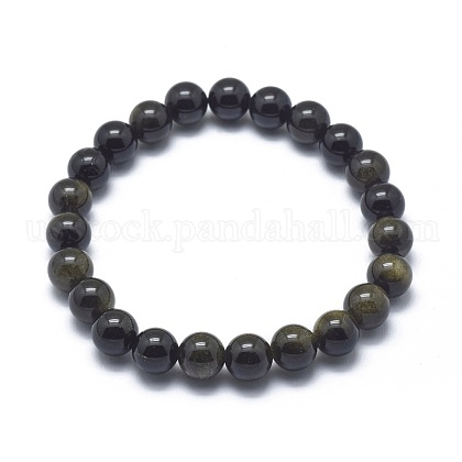 Natural Golden Sheen Obsidian Bead Stretch Bracelets US-BJEW-K212-B-020-1