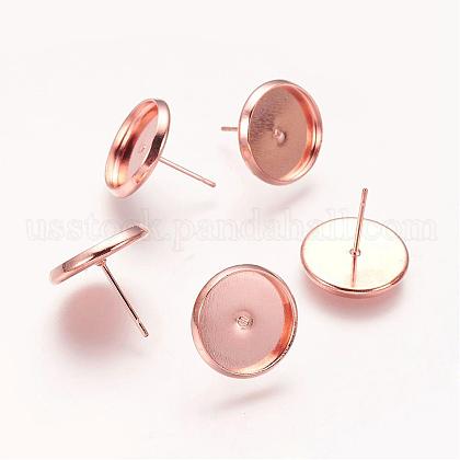 Flat Round Brass Stud Earrings Settings US-KK-E589-14mm-RG-NR-1