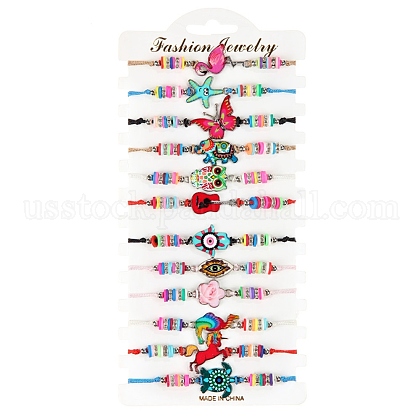 12Pcs 12 Style Flamingo & Butterfly & Starfish & Hamsa Hand with Evil Eye & Flower Alloy Link Braided Bead Bracelets Set US-BJEW-WH0020-01-1