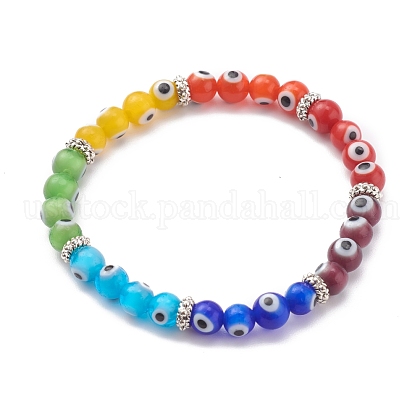 Rainbow Round Evil Eye Lampwork Stretch Beaded Bracelets for Kids US-BJEW-JB05940-1