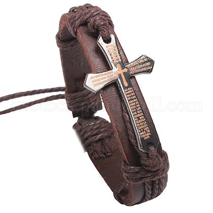 Adjustable Cross with Word Iron Braided Leather Cord Bracelets US-BJEW-P0001-02A-1