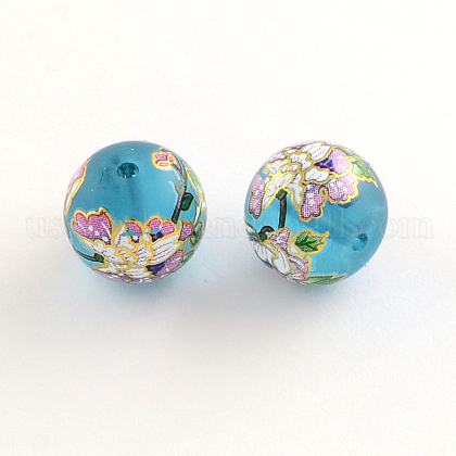 Flower Picture Frosted Glass Round Beads US-GFB-R004-14mm-F13-1