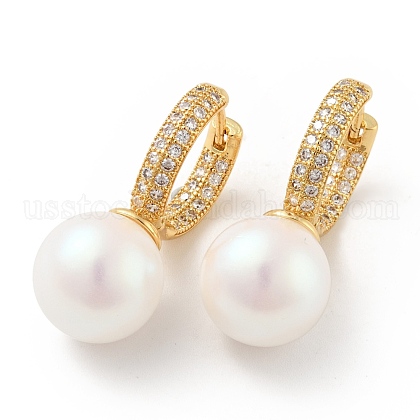 Round Acrylic Pearl Beaded Hoop Earrings with Clear Cubic Zirconia US-EJEW-G297-28G-1