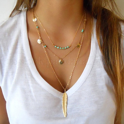 Metal Brass Feather and Turquoise Beads Three Tiered Necklaces US-NJEW-N0052-012A-1