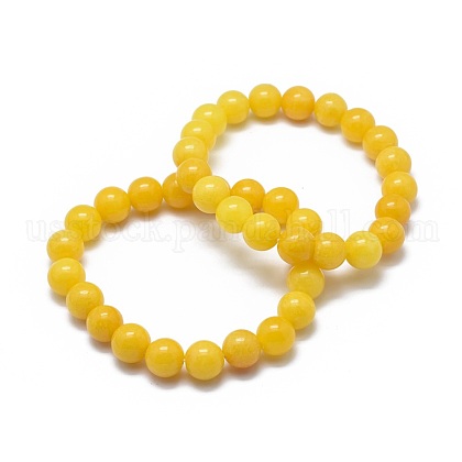 Natural Yellow Jade Bead Stretch Bracelets US-BJEW-K212-C-038-1