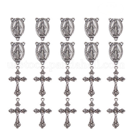 PandaHall Elite Tibetan Style Oval with Virgin Holy Rosary Center Pieces Chandelier Links and Crucifix Cross Pendants US-TIBE-PH0001-26AS-NR-1