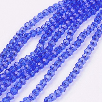 Glass Beads Strands, Faceted, Round, Blue, 4mm, Hole: 1mm, about 98pcs/strand, 13.7 inch