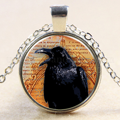 Flat Round with Halloween Raven/Crow Glass Alloy Pendant Necklaces US-NJEW-N0051-053D-02-1