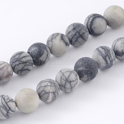 Round Frosted Natural Black Silk Stone/Netstone Bead Strands US-G-M248-8mm-03-1