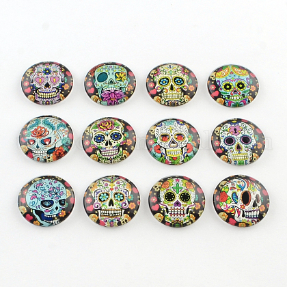 Half Round/Dome Candy Skull Pattern Glass Flatback Cabochons for DIY Projects US-X-GGLA-Q037-25mm-12-1